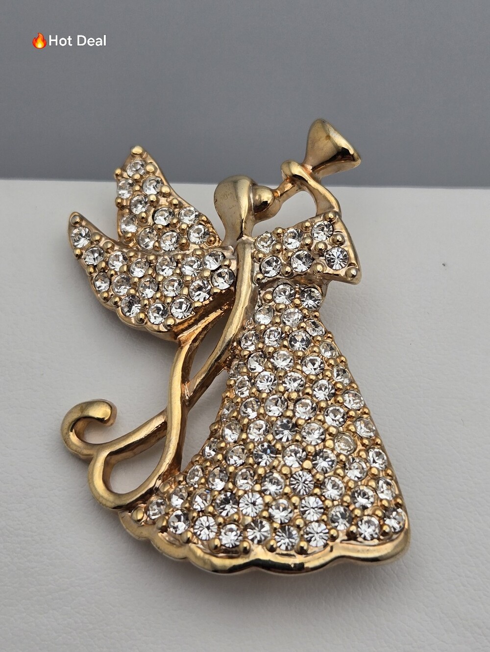 Monet Trumpeting Angel Brooch Gold Tone Pavé Rhinestone Christmas Pin Vintage